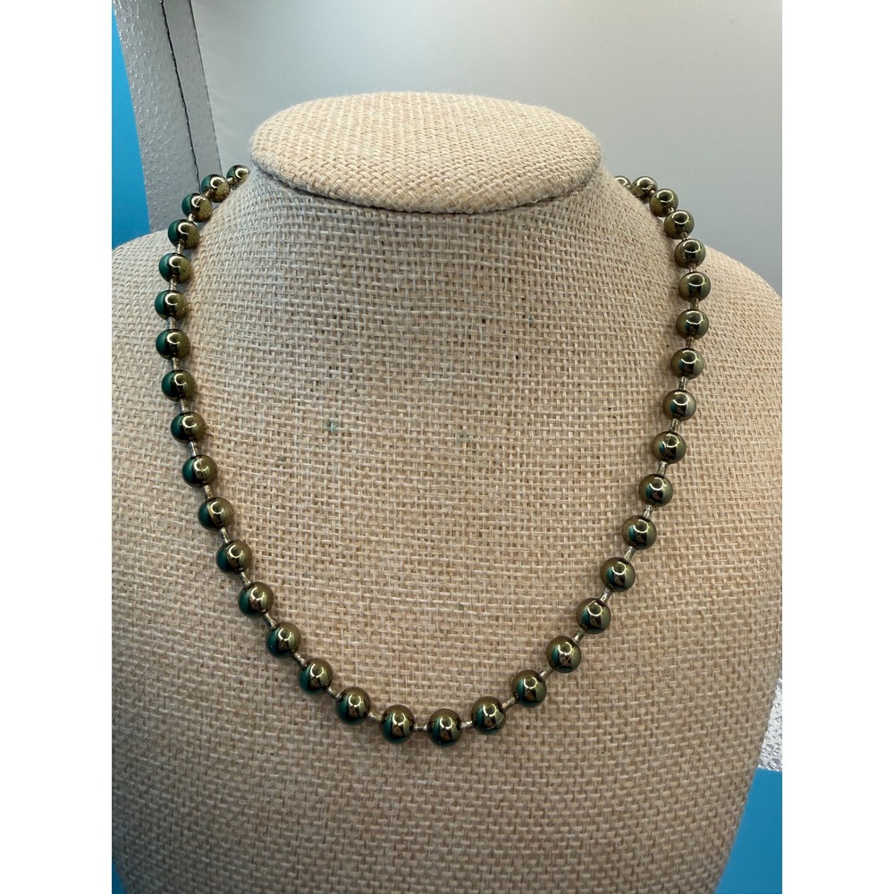 Vintage Metallic Green and Gold‎ Tone Beaded Necklace 18 Inch Spring Ring Clasp